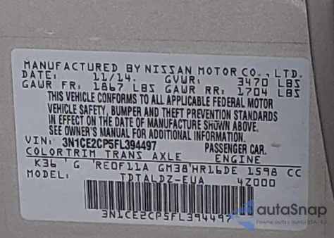 2015 Nissan Versa Note S (Sr)/S Plus/Sl/Sr/Sv from USA, damaged, VIN 3N1CE2CP5FL394497